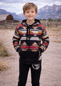 Kids Southwestern Pattern Zip Hoodie KSJAC CN BLK