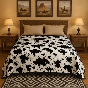 White Cowhide Plush Blanket 2-Ply Ultra Soft Full Size 60x80 Western Style