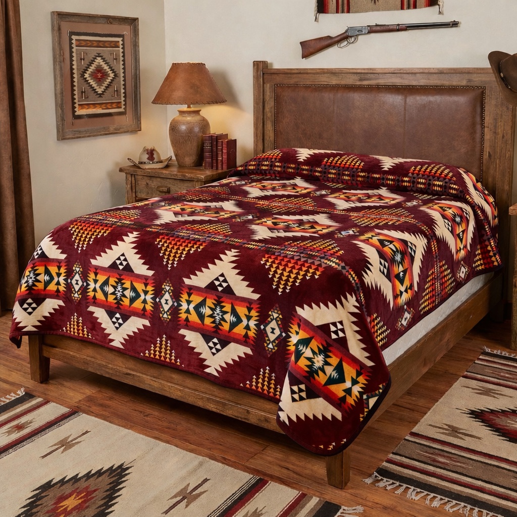 White River Design Reversible Plush Blanket – King Size Blanket Burgandy