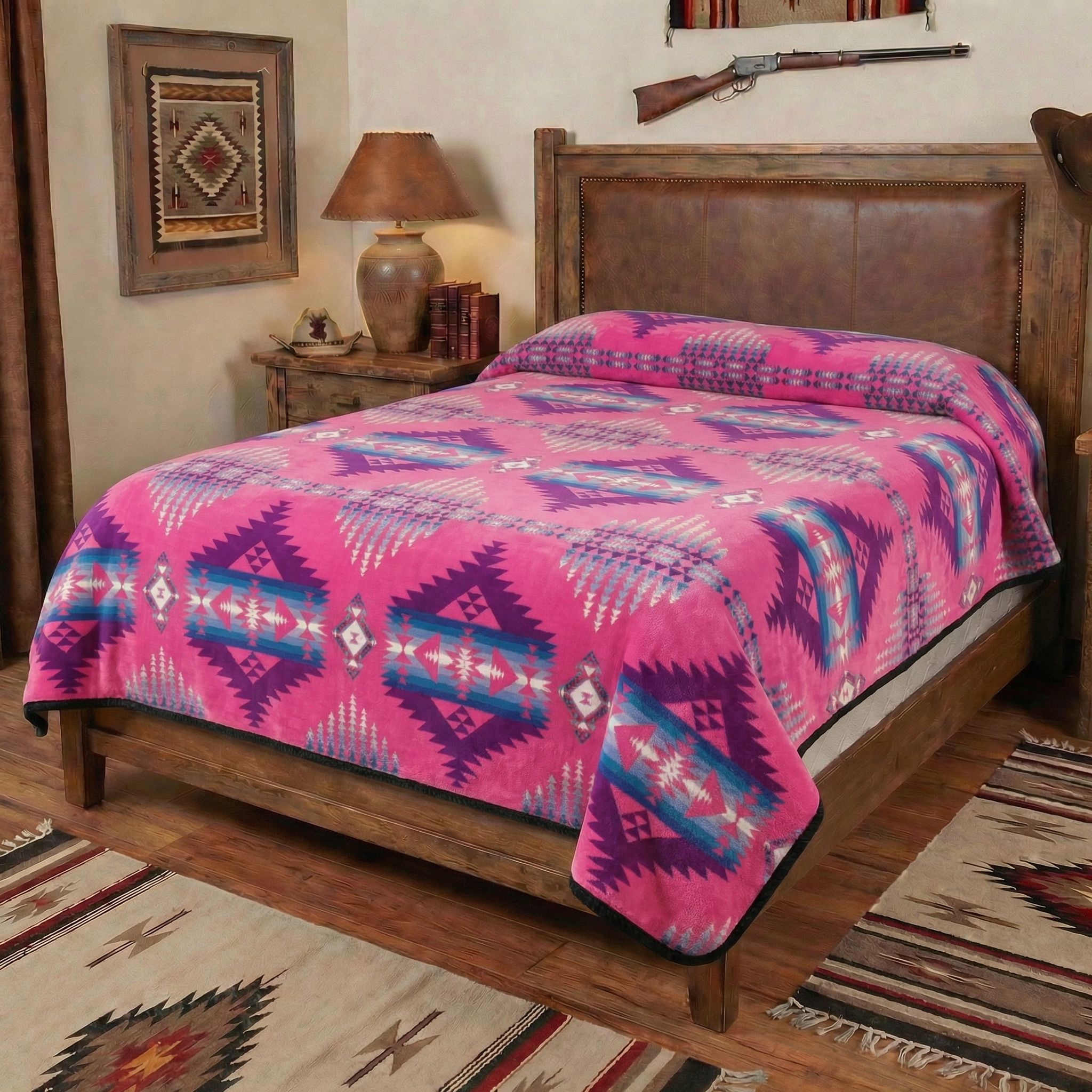 White River – Queen Reversible Flannel Fleece Blanket Pink