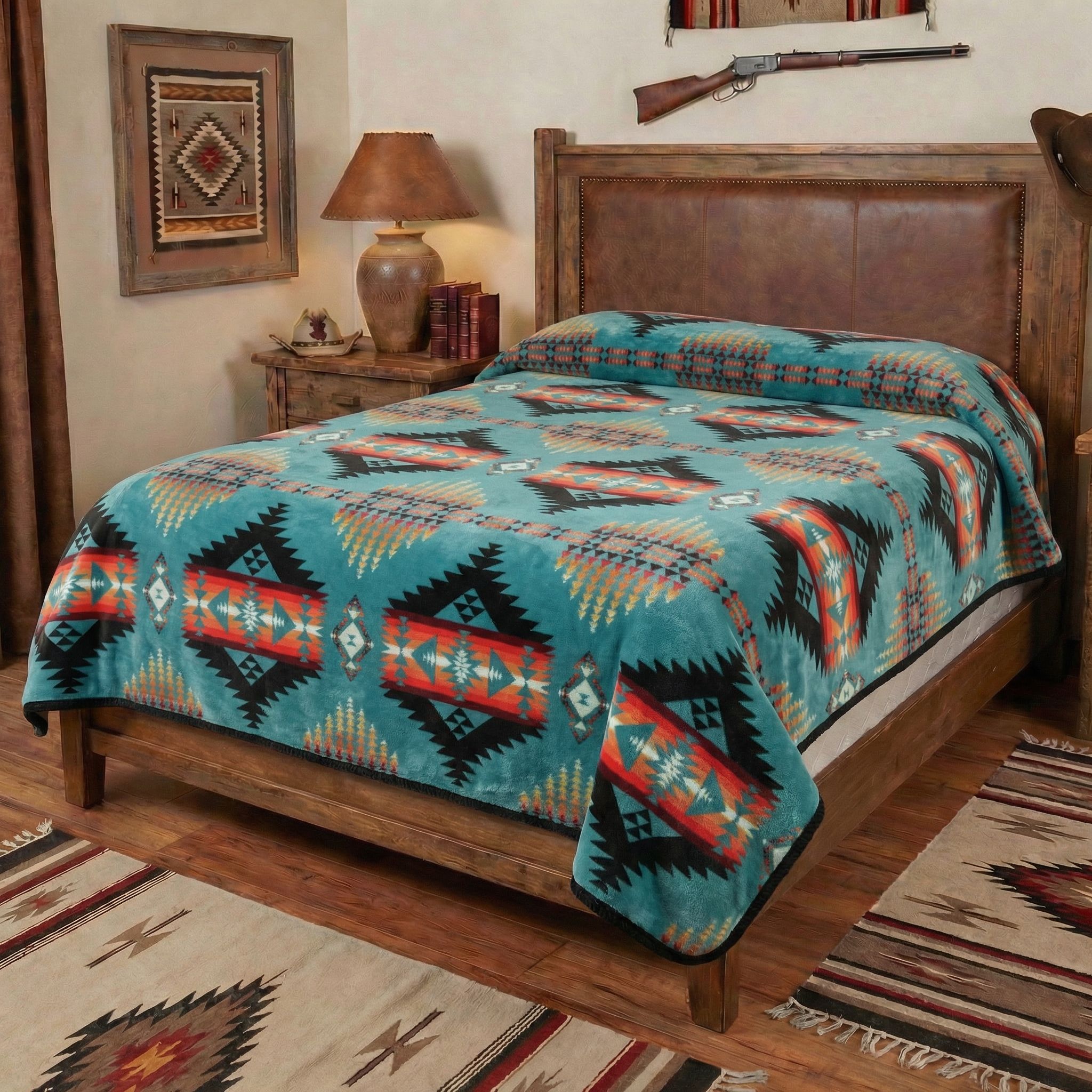 White River – Queen Reversible Flannel Fleece Blanket Turquoise