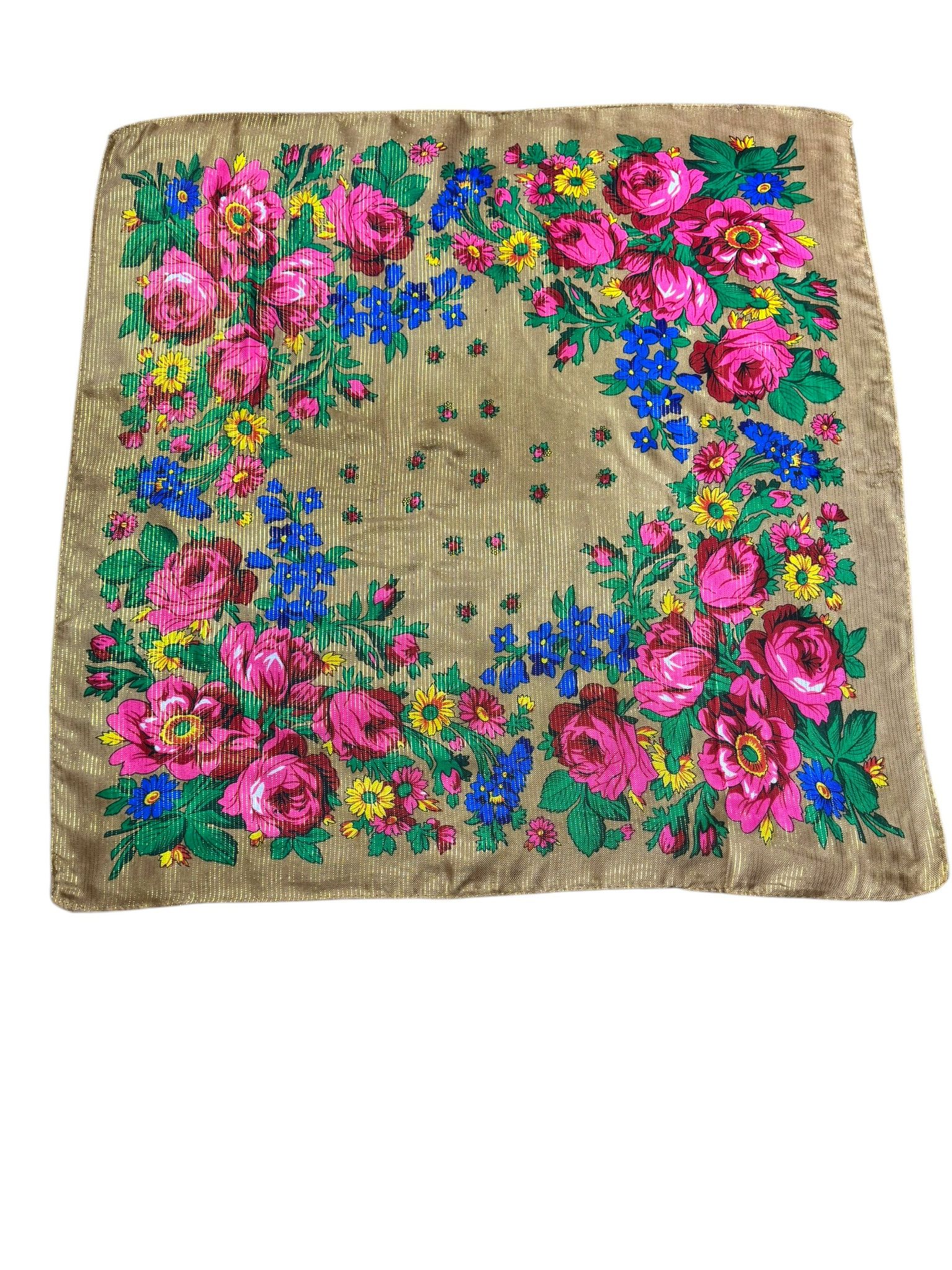 Khaki Floral Metallic Scarf – 30” Square Acrylic Fashion Scarf