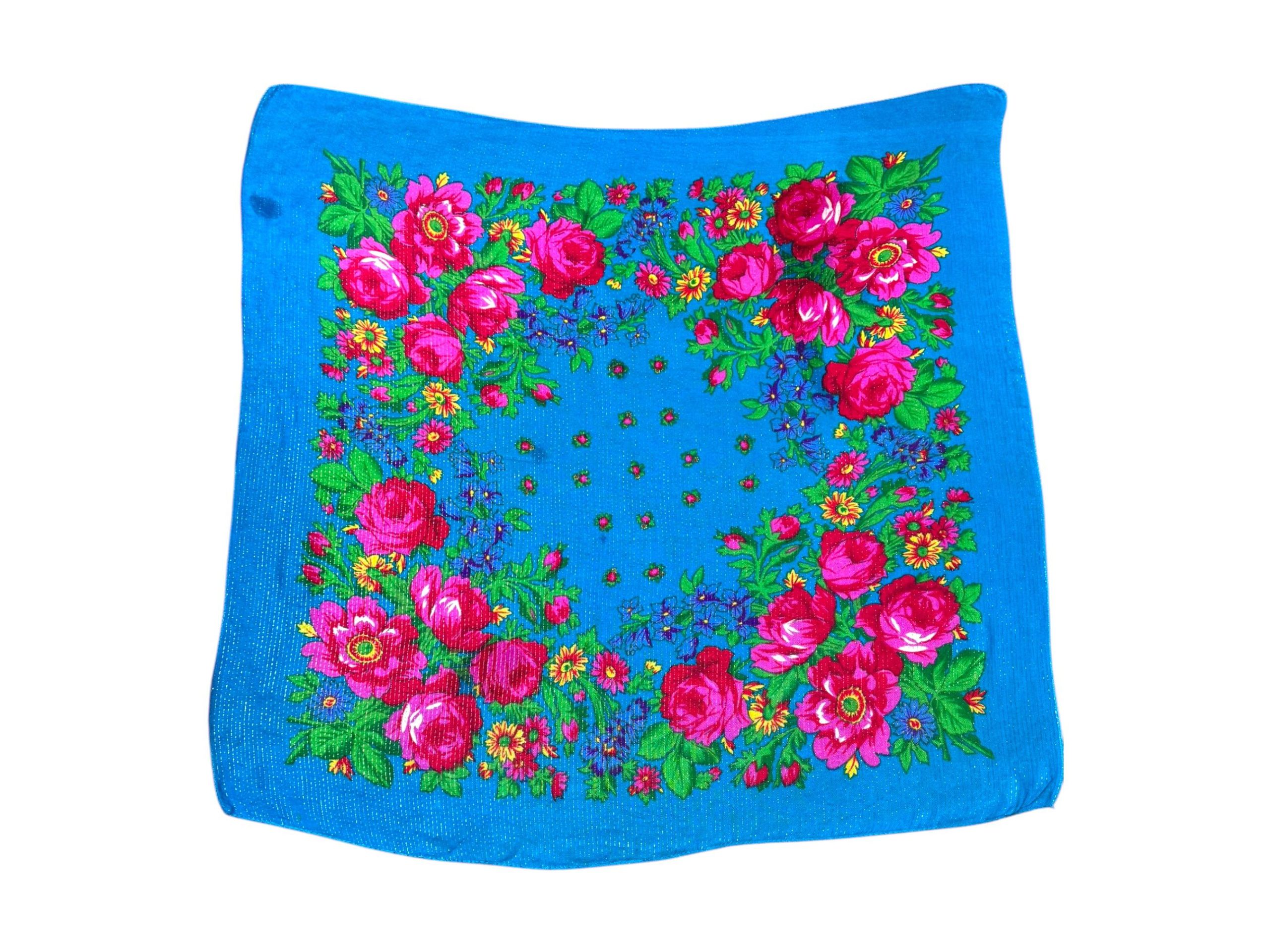 Turquoise Floral Scarf Metallic Flower 30" Square Acrylic Scarf
