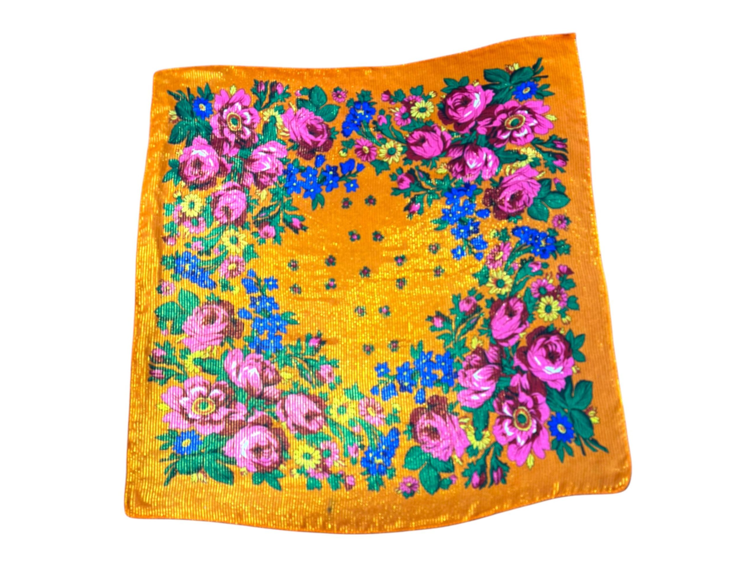 Orange Floral Metallic Scarf – 30” Square Acrylic Fashion Scarf