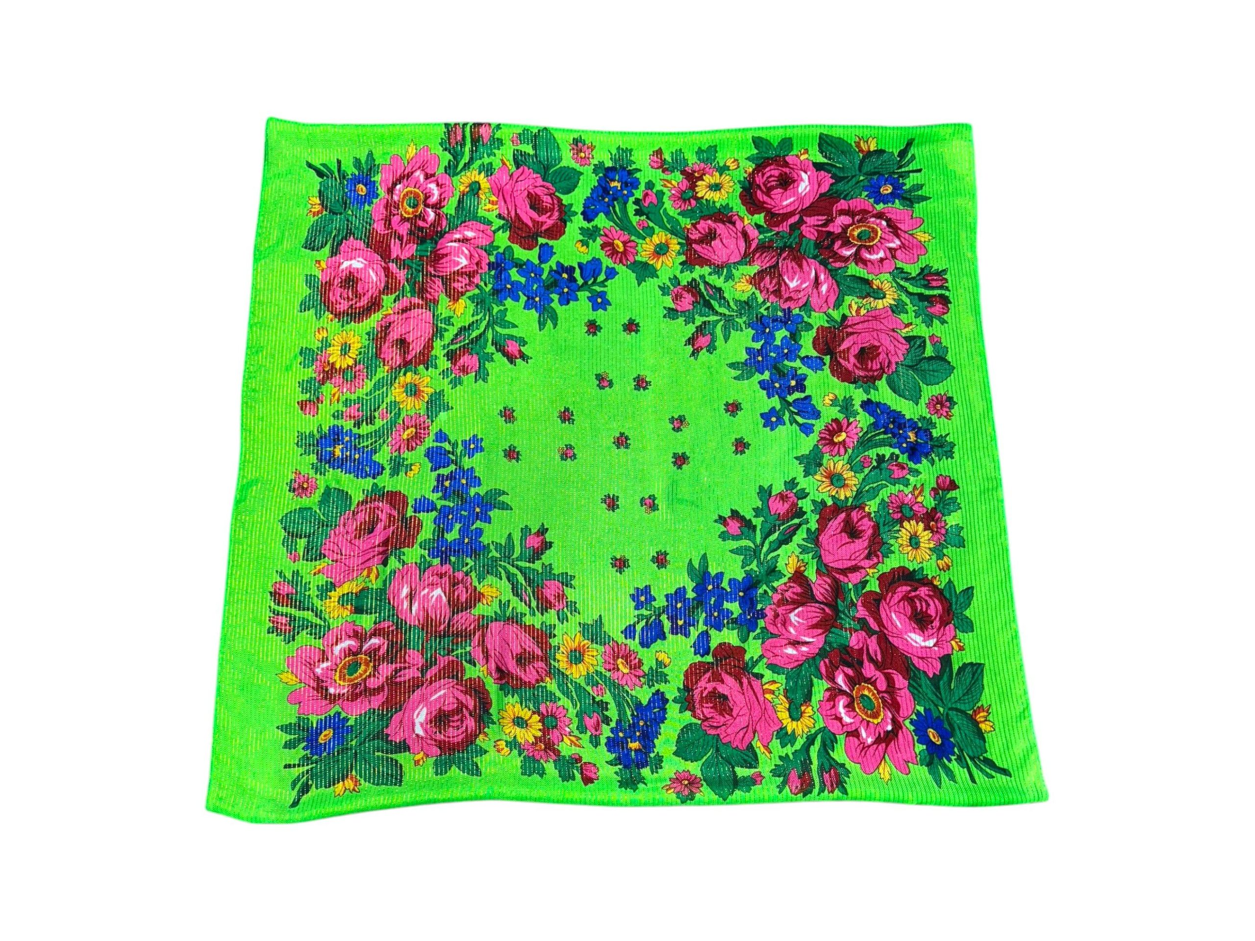 Lime Green Floral Metallic Scarf – 30” Square Acrylic Fashion Scarf