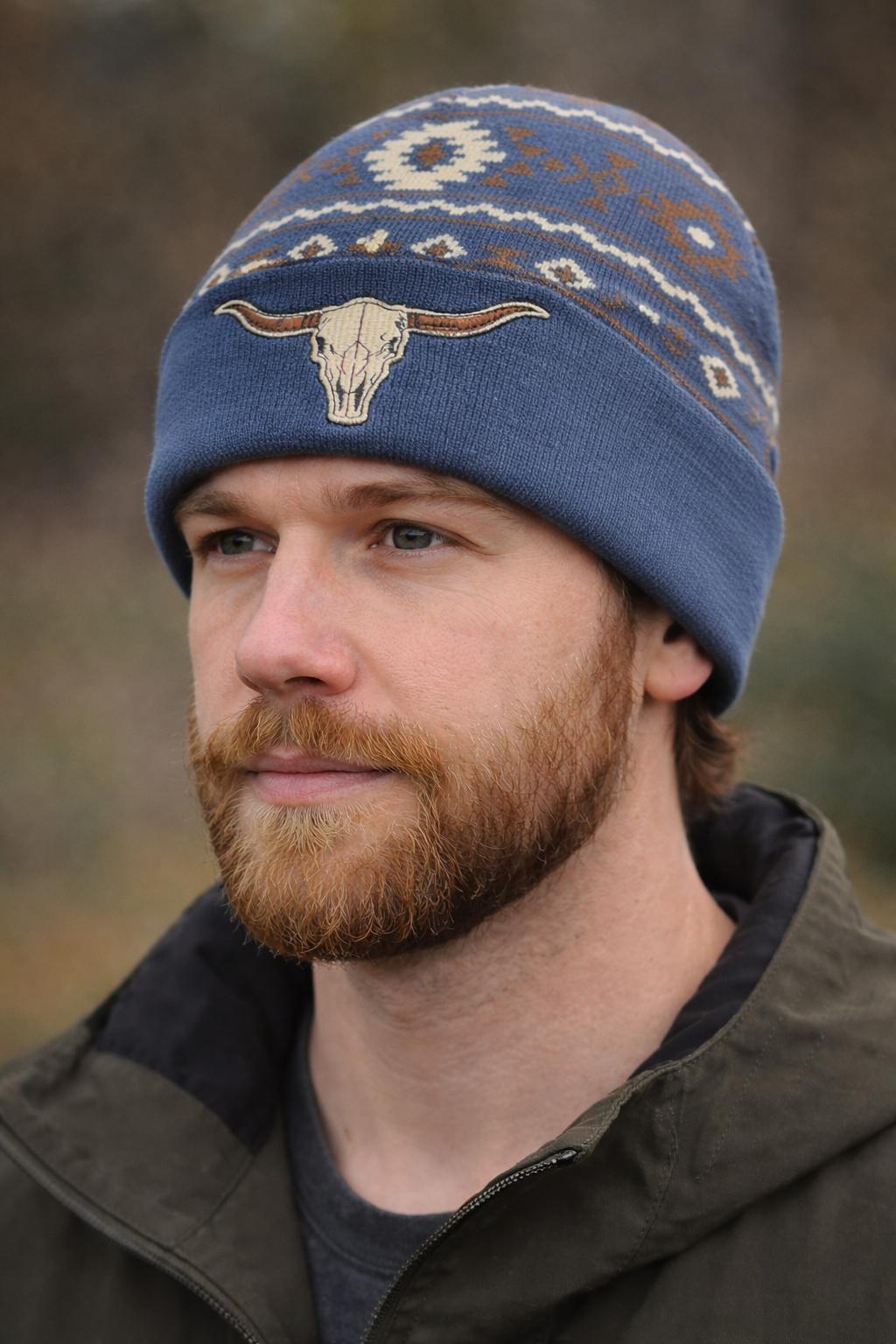 Navy Longhorn Skull Beanie – Southwest Design-BEN-32
